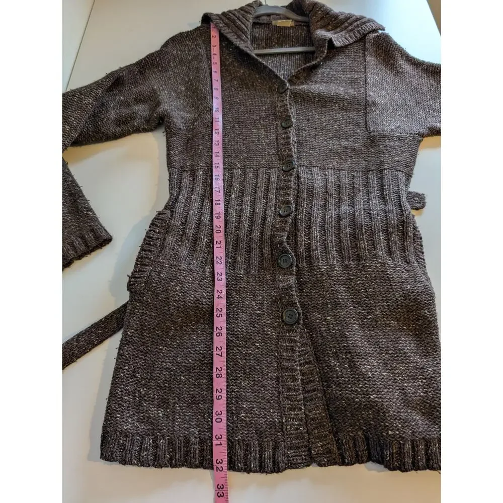 J Crew Cardigan Sweater Longline Wool Blend Heathered Chunky Knit Brown Size M